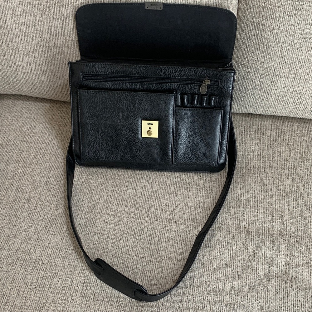 VINTAGE Elegant unisex Black work ofc briefcase Shoulder crossbody Bag w key 🔑 - Picture 11 of 17
